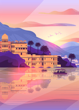 Udaipur India cityscape palace lake boats sunrise mountains palm trees colorful sky flat design travel destination banner