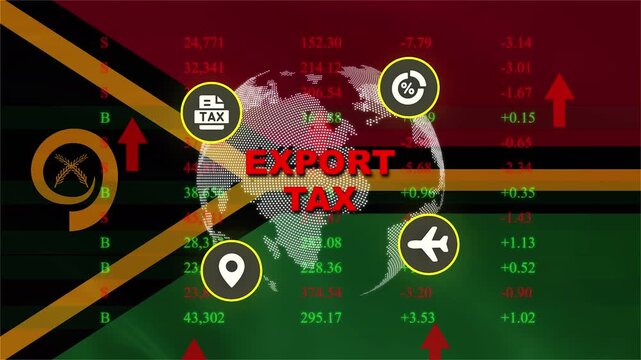Export Tax and Global Trade: A visual representation of export tax, superimposed on the flag of Vanuatu, with a global overlay and icons symbolizing trade, travel, and finance.