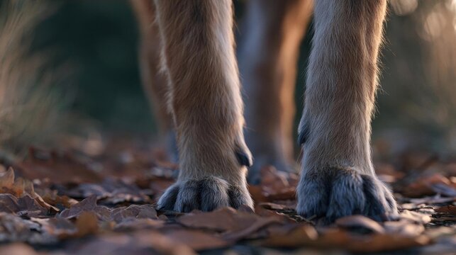 Close-up of the legs and feet of a dog. the dog's fur is light brown in color and appears to be soft and fluffy. the legs are slightly bent at the knees and the toes are slightly curled.