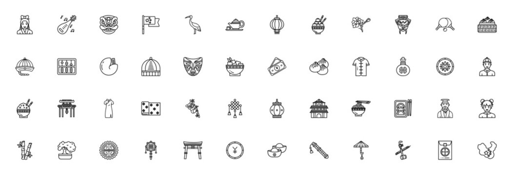 China icon set. Chinese culture vector pack. Minimalist thin line icons. Featuring Woman, Pipa, Mask, Flag, Crane, Teapot, Lantern, Dimsum, Flower, Panda, Temple, Noodles, Cheongsam, Erhu, Hongbao and