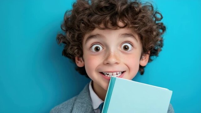 Excited caucasian child with curly hair holding a book against blue background. Back to School, School Season, First Day of School - Education Supplies, Academic Year Beginning
