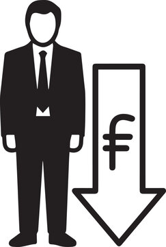 Minimalist black and white vector graphic illustration depicting a professional businessman standing beside a downward pointing franc currency arrow symbol