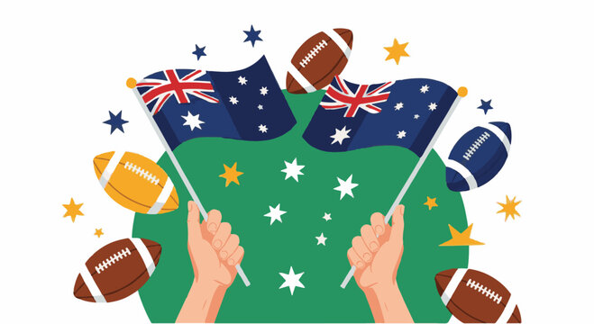 Vector illustration of two human hands holding Australian national flags surrounded by floating rugby balls and stars over a green circle on a white background for sports events.