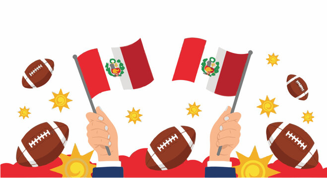 Illustration of two hands holding and waving the national flags of Peru surrounded by American footballs and yellow sun icons on a white background for sports celebration.