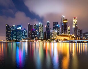 Obraz premium A city skyline at night with colorful reflections on the water