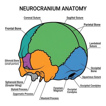 Detailed anatomical diagram of human neurocranium bones.