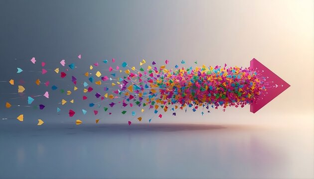 3D arrow made of colorful, smaller arrows flying forward on a clean background, concept of direction, growth, and teamwork