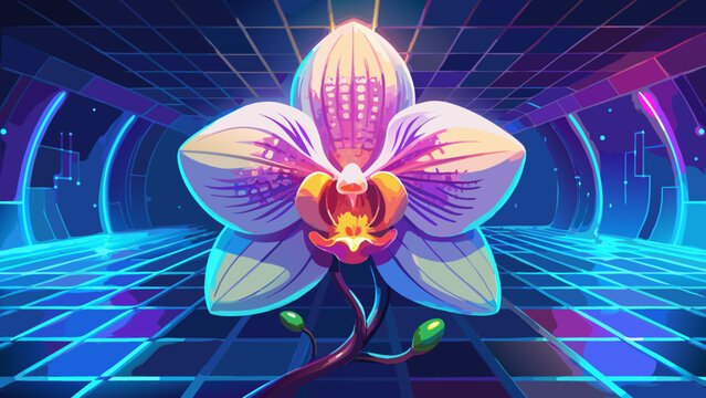Digital orchid flower floating in futuristic cyberpunk grid environment with sci fi cyberpunk futuristic technology botanical abstract synthwave holographic illumination environment colorful