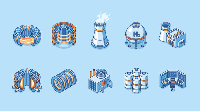 An isometric set of ten icons illustrating nuclear fusion technology components infrastructure and control systems