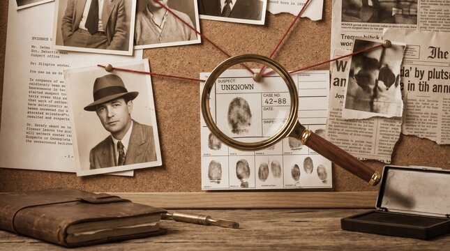 A classic detective corkboard filled with old suspect photographs, newspaper clippings, and a fingerprint profile examined closely under a brass magnifying glass.