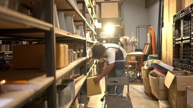 Warehouse worker lifting and moving boxes in a small business, representing logistics and manual handling