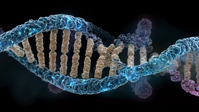 Medical video of a DNA double helix unwinding into chromosome strands, revealing an XXY trisomy configuration with detailed molecular structures and a glowing backbone.