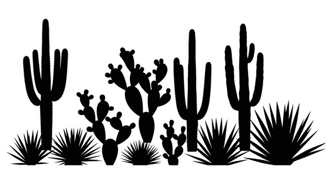 Various cactus and succulent plant silhouettes in a horizontal row