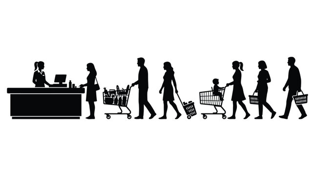 Black silhouette vector illustration showing a queue of diverse shoppers waiting at a checkout counter