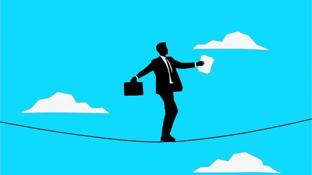 Businessman Balancing on Tightrope High in Sky, Risk and Challenge Concept, Flat Silhouette Illustration