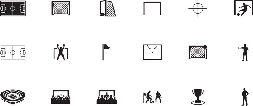 football field, Football gallery, Football stadium and Gol post icon bundle set vector silhouette art