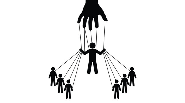 A black vector illustration showing a large hand controlling people like puppets with thin strings