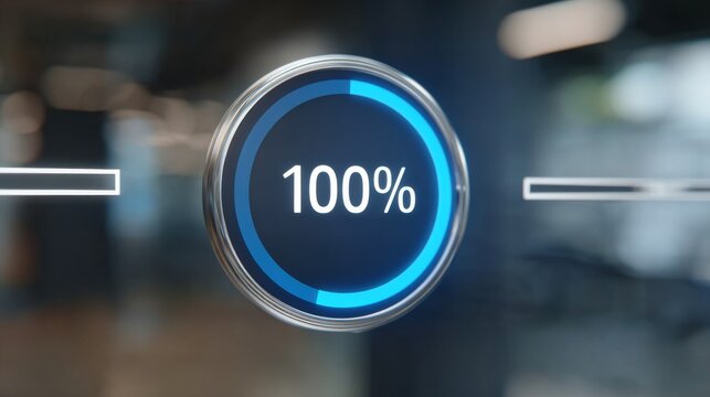 Blue glowing loading bar showing one hundred percent completion. Concept of successful data download or process finished. Digital interface element for technology and software development.