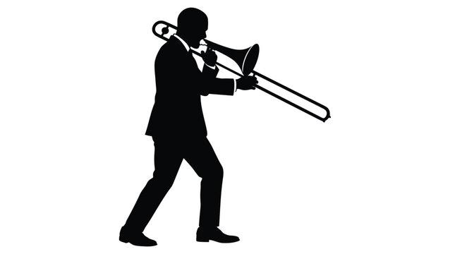 A stylish black silhouette vector illustration of a professional musician playing a brass trombone instrument