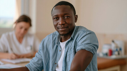Obraz premium A young Congolese man rolls up his sleeve for a blood draw at an immigration health clinic, a nurse filling out a multilingual intake form, medical equipment neatly arranged on a