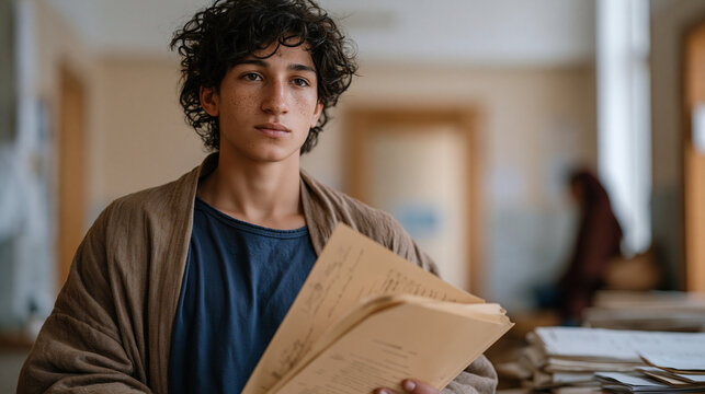A stateless teenage boy at a resettlement desk holds a folder of incomplete documents, the fluorescent bureaucratic office around him indifferent, his posture both exhausted and