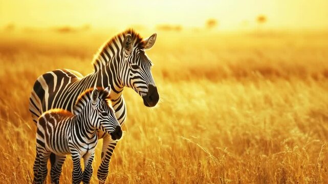Zebra and foal in golden african savannah at sunset. Mother's Day, Mothering Sunday, Dia de la Madre - Global Maternal Celebration, Worldwide Family Holiday
