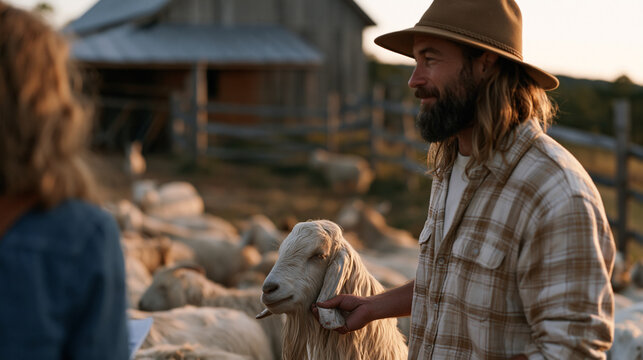 A small family farm at golden hour where the farmer stands among free-range animals, hand-feeding a goat while a journalist takes notes nearby, the pastoral setting grounding an