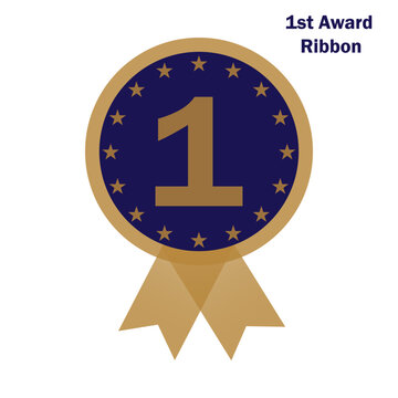 First place award ribbon with gold stars and number one on blue background 1st. Resizable and editable, EPS 10.