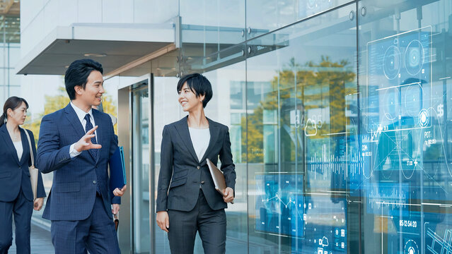 歩きながら会話するビジネスパーソンのグループとデジタルテクノロジー