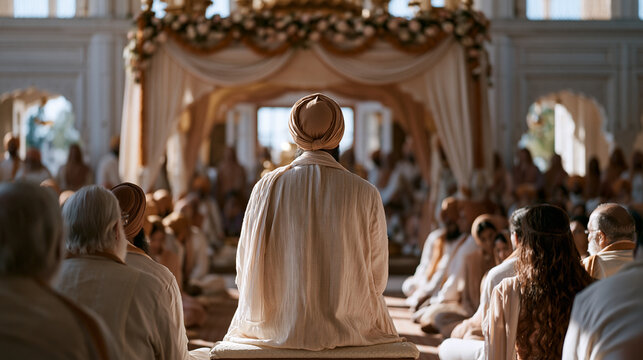 Sikh wedding ceremony in a sunlit gurdwara hall with guests seated on the floor around the Guru Granth Sahib, the bride and groom completing the Anand Karaj circumambulation,