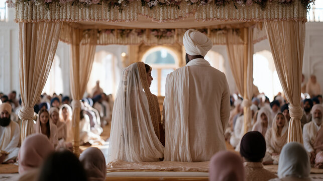 Sikh wedding ceremony in a sunlit gurdwara hall with guests seated on the floor around the Guru Granth Sahib, the bride and groom completing the Anand Karaj circumambulation,