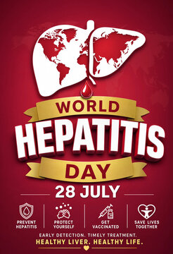 World Hepatitis Day poster with liver and globe on red background