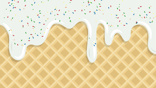 Drops of creamy ice cream with colorful sprinkles flow down the surface of a crispy waffle cone. 3D vector crispy waffle ice cream background