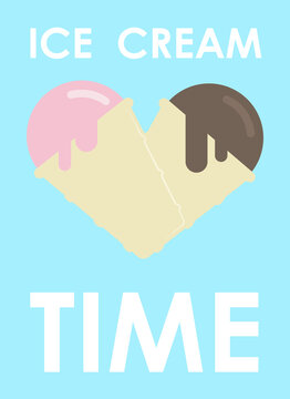 Strawberry and chocolate melted ice cream in a crispy waffle cone connected to each other in the shape of a heart on cool blue background of an advertising poster. 3D vector blue ice cream background