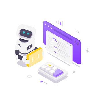 Isometric vector illustration with AI robot and code. Concept for software development, programming automation, and web services. Modern graphic for technology business and IT solutions