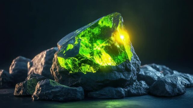 Glowing green gemstone amidst dark rocks in mysterious lighting