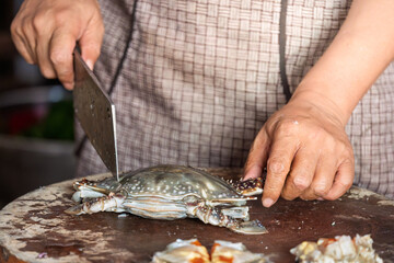 preparing fresh swimming crabs for cooking inside modern kitchen © Dong