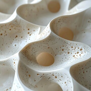 A close-up view of a white, speckled egg carton