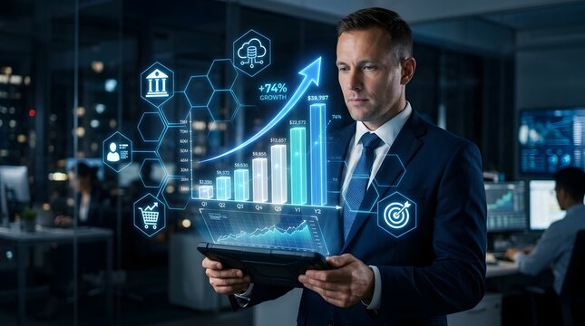 Business Executive Holding Tablet with Growth Chart and Digital Financial Dashboard, Corporate Analytics, Performance Improvement, and Investment Strategy Concept