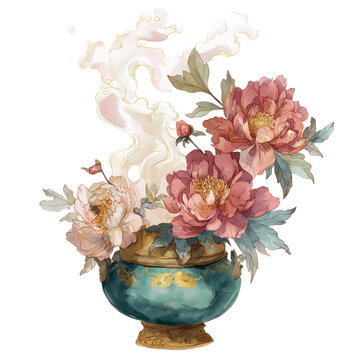 Watercolor illustration of antique incense burner with pink peony and mystic smoke transparent background PNG