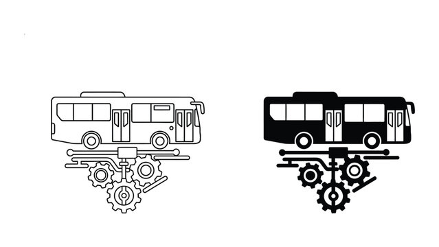 Public transportation bus icon set with mechanical gear components for automotive engineering and fleet management services