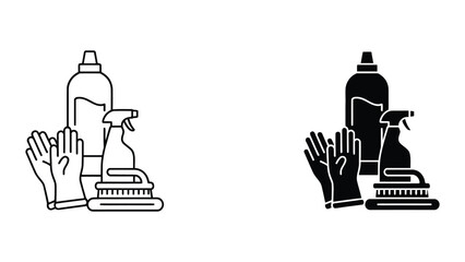Fototapeta premium Cleaning solution and equipment icon set featuring detergent bottle spray cleaner gloves and brush in outline and solid black graphic styles for professional janitorial services