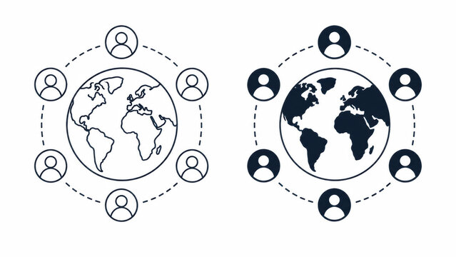 Global network connection icons with world map and people silhouettes in a circle