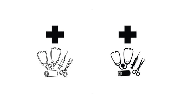 Medical healthcare professional diagnostic tool icons featuring stethoscope syringe and surgical scissors with cross symbol in outline and solid vector design for hospital clinical document headers