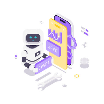 Isometric vector illustration of an AI robot building a mobile app. A concept for automated programming, software engineering, and coding. Modern design for technology and UI development
