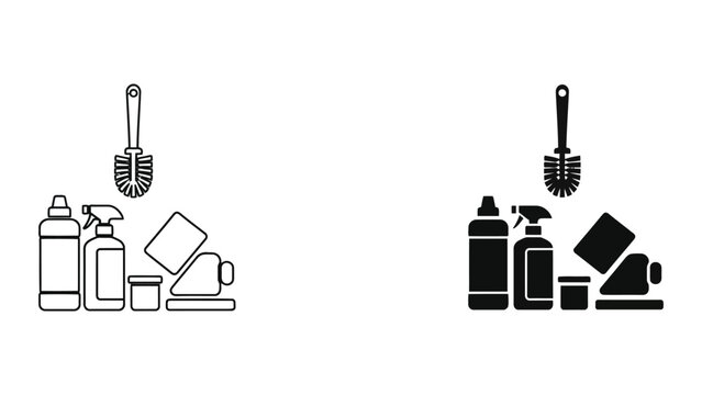 Cleaning supplies including spray bottles bucket and brush in outline and solid fill