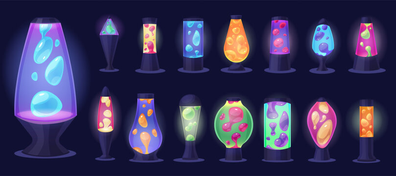 Retro funky lava lamp. Floating colorful magma shapes in different lamps simple design. Decorative home interior accessories, cartoon nowaday vector set