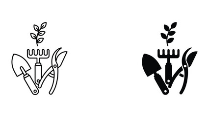 Gardening tools icons set with shovel rake and pruning shears featuring plant leaves in outline and solid vector style for landscaping horticulture and home gardening maintenance and design services © bdsathistock