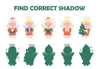 Obraz premium Find correct shadow children play. Funny christmas angels characters. New Year holidays, winter kids in angel costumes. Festive simple game vector template