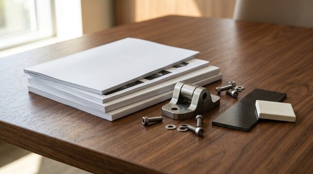 Space industry investor relations still life with hardware and bound documents